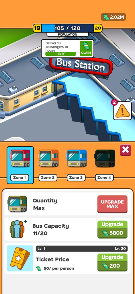 City Transportation Tycoon - A bus station upgrade menu in City Transportation Tycoon showing options for bus capacity and ticket price.