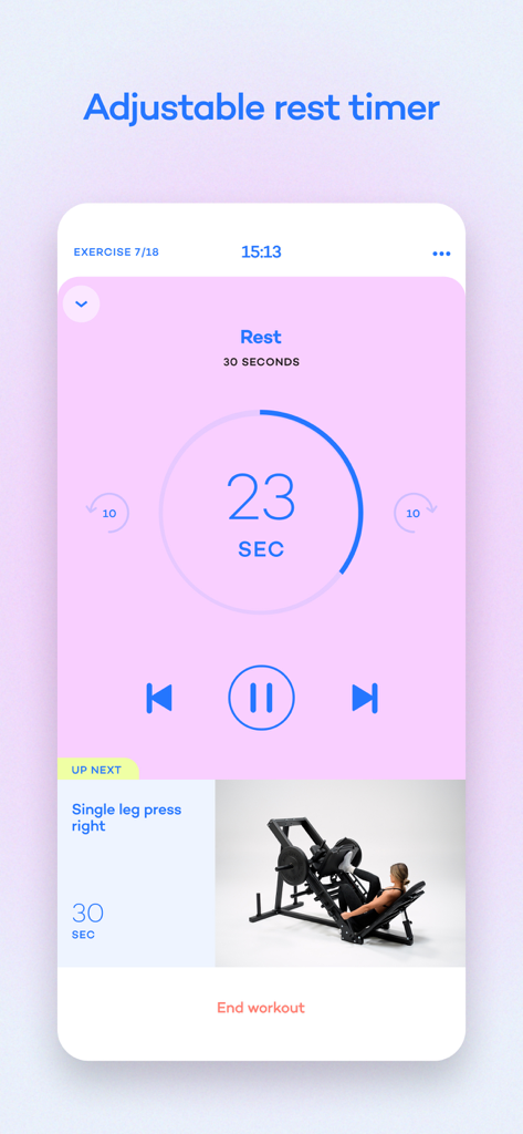 Alive fitness app screen showing an adjustable rest timer countdown and a preview of the next exercise