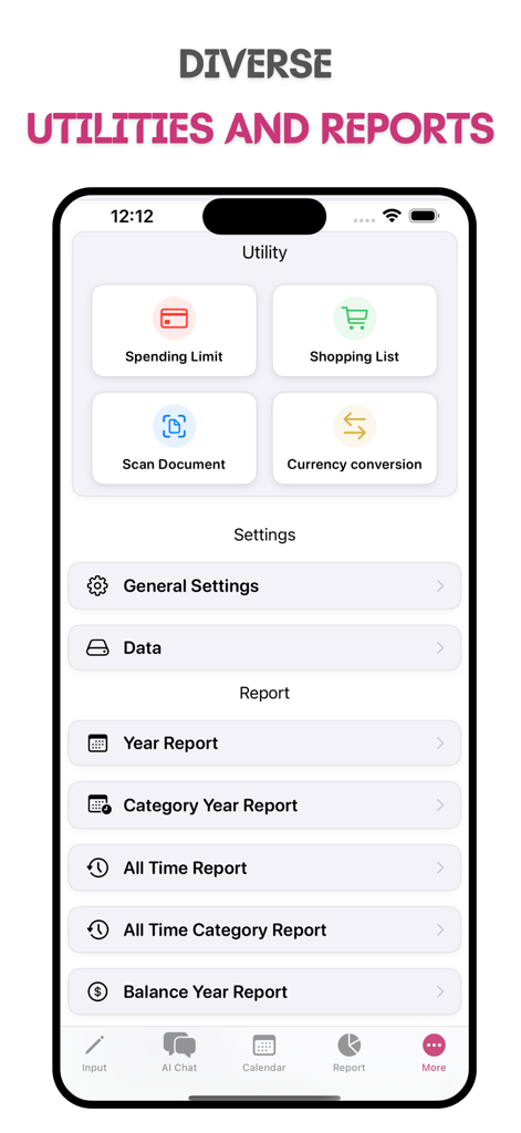 MoneyBay: Expense Manager - A screenshot of the MoneyBay app utility and reports screen showing spending limits shopping lists and financial reporting options