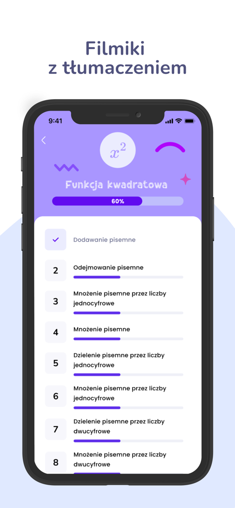 Matematyka Gryzie - Matematyka Gryzie mobile app interface displaying a list of math video lessons and a progress tracking bar.