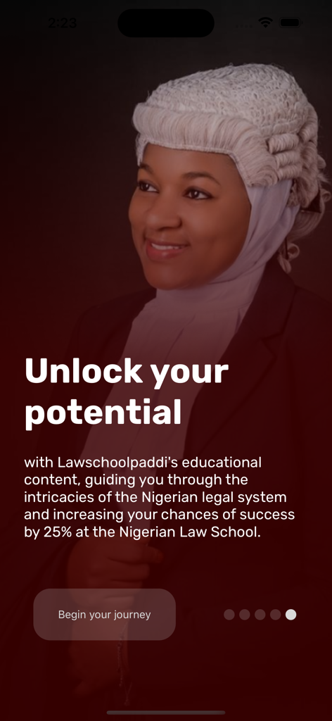 Law School Paddi - Pantalla de bienvenida de la aplicación Law School Paddi para estudios legales nigerianos con un abogado