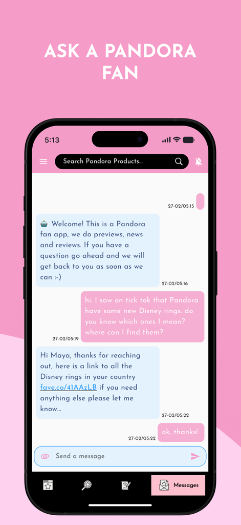 The Art Of Pandora - The Art of Pandora app screen showing the Ask a Pandora Fan chat feature for jewelry styling advice
