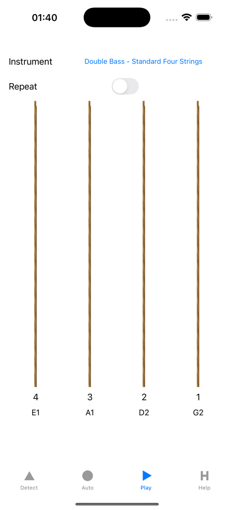 Double Bass Tuner app interface for standard four string tuning with notes E1 A1 D2 and G2.