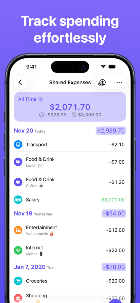 Expenses: Spending Tracker - A clean mobile interface showing a list of categorized shared expenses and income.