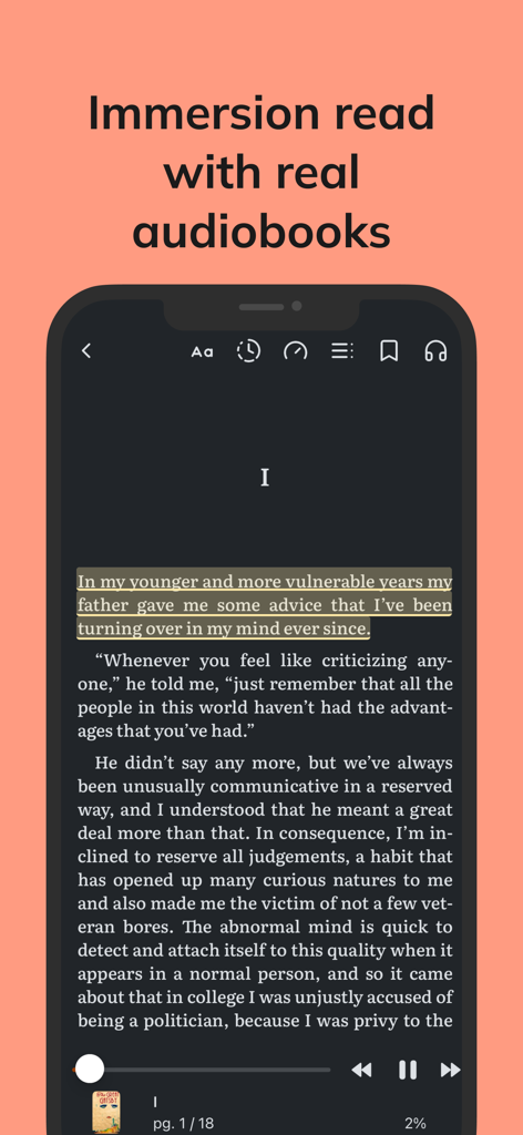 Tribooks app interface showing synchronized ebook text and audiobook playback with highlighted sentences