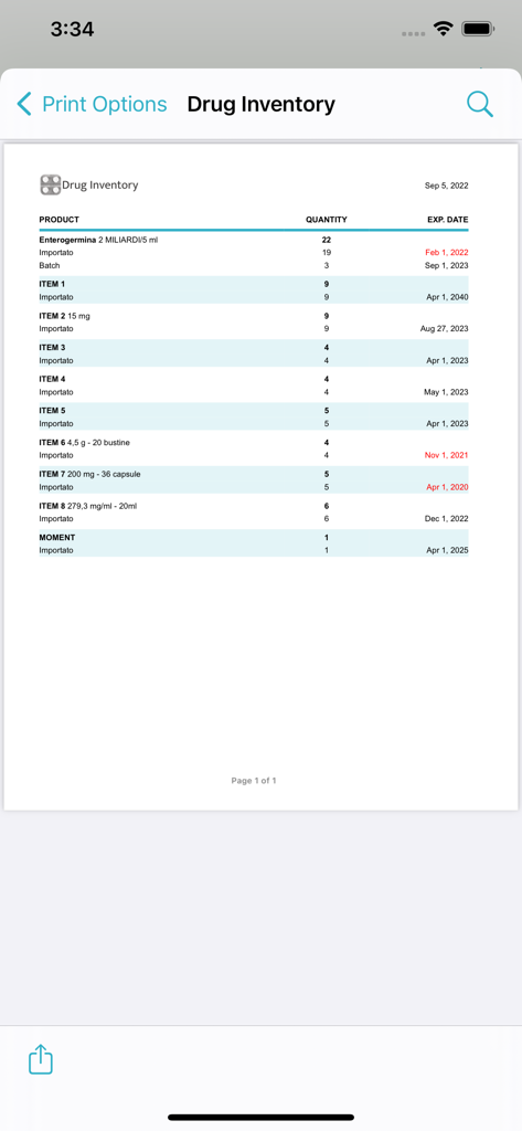 Drug Inventory - Vorschau eines Medikamentenbestandsberichts mit Produktnamen, Mengen und Ablaufdaten