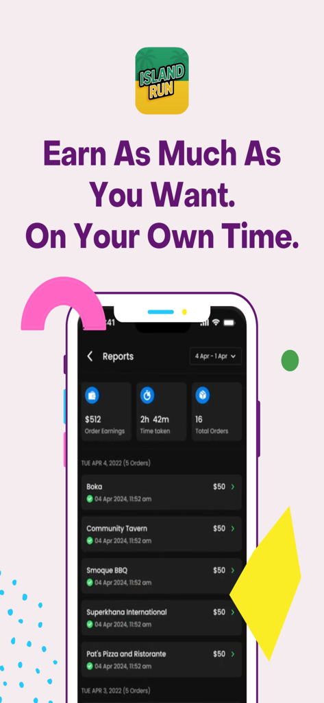 Island Run Driver app screenshot showing a delivery driver earnings report with income details and order history