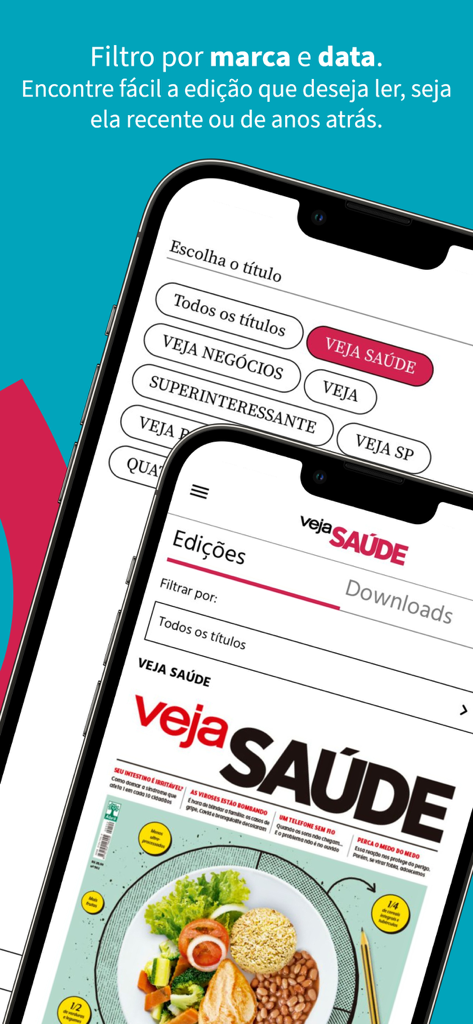 Interface of the VEJA SAÚDE app showing a list of magazine titles and a digital edition cover featuring a healthy meal.