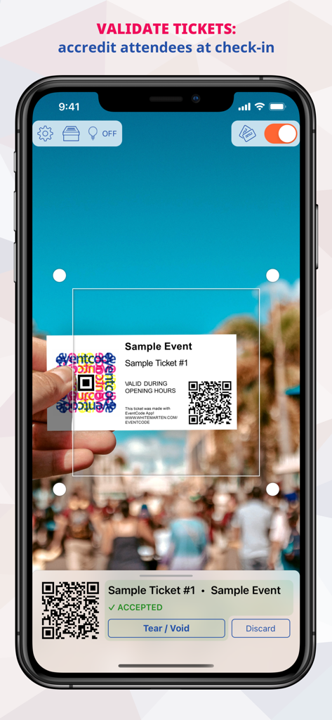EventCode+ XQ QR Ticket System - EventCode+ XQ app interface scanning a QR code on a ticket to validate attendee check-in.