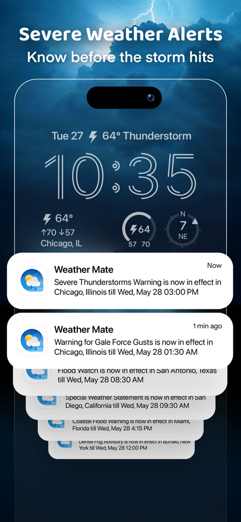 Weather Mate - NOAA Radar Maps - iPhone lock screen showing multiple severe weather notifications from Weather Mate app