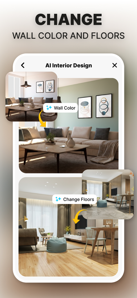 Interior Design - Home Remodel - Mobile app interface showing AI features for changing room wall colors and flooring styles
