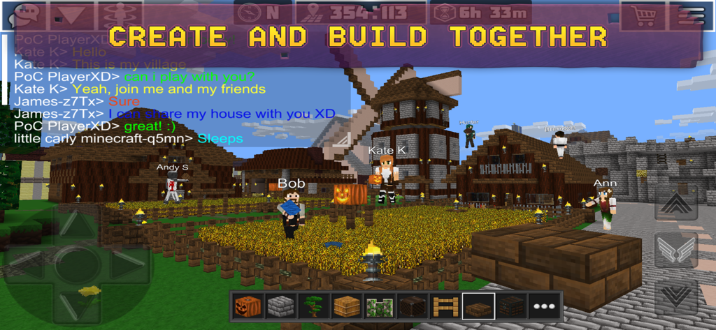 Exploration Lite - A group of players collaborating and chatting in a 3D block-based village with houses and a windmill