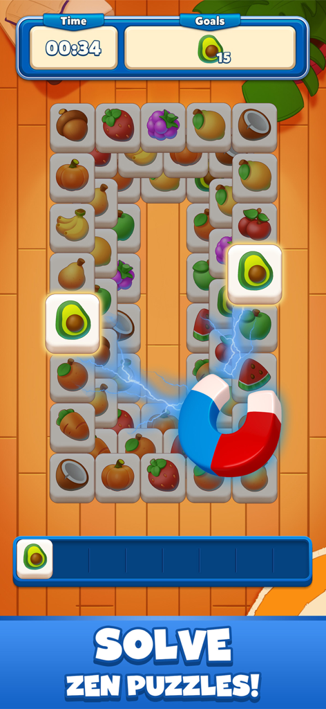 Goodwill Tiles: Match & Rescue - A gameplay screen of Goodwill Tiles showing fruit matching mechanics and a magnet power up tool.