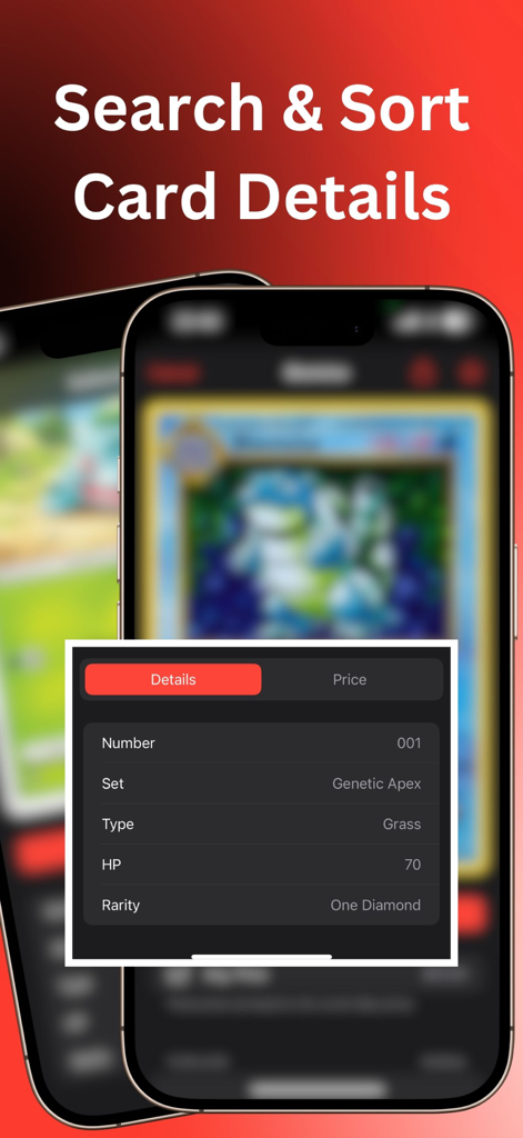 TCG Card Scanner for Pokemon + - A mobile app interface displaying detailed Pokemon card attributes including set name, card type, HP, and rarity.