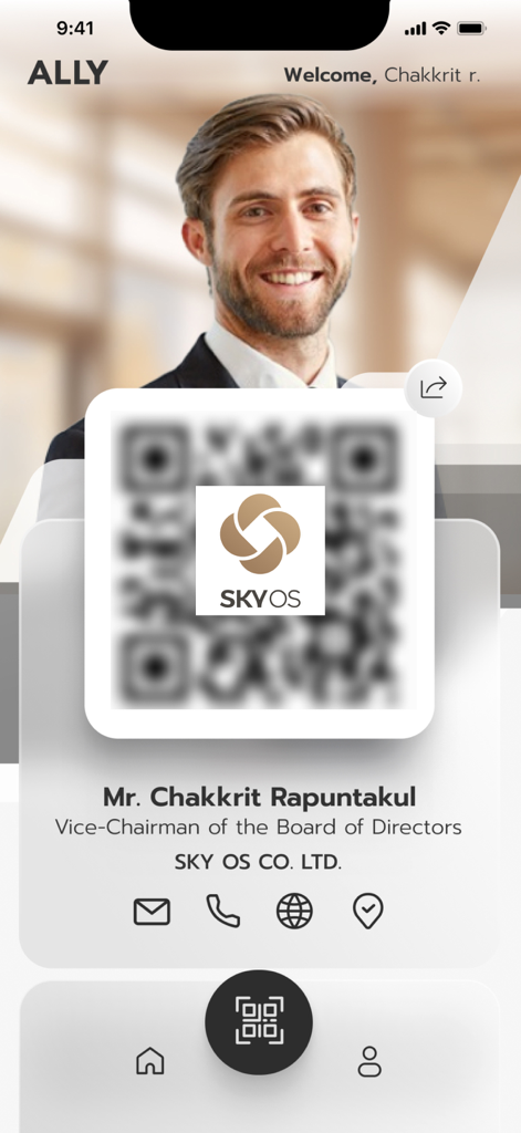 ALLY vCard - Interface do aplicativo ALLY vCard exibindo um cartão de visita digital profissional com foto e código QR