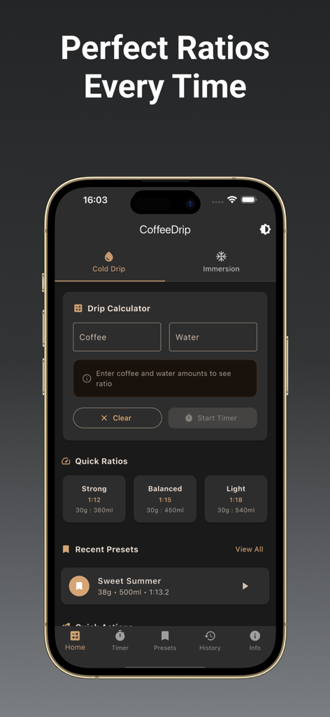 CoffeeDrip - CoffeeDrip app screen displaying cold brew drip calculator and quick ratio options