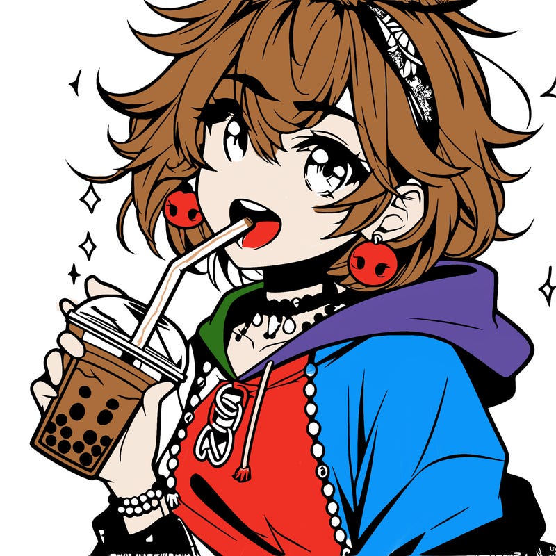 hot baddie anime girl drinking boba and biting the straw