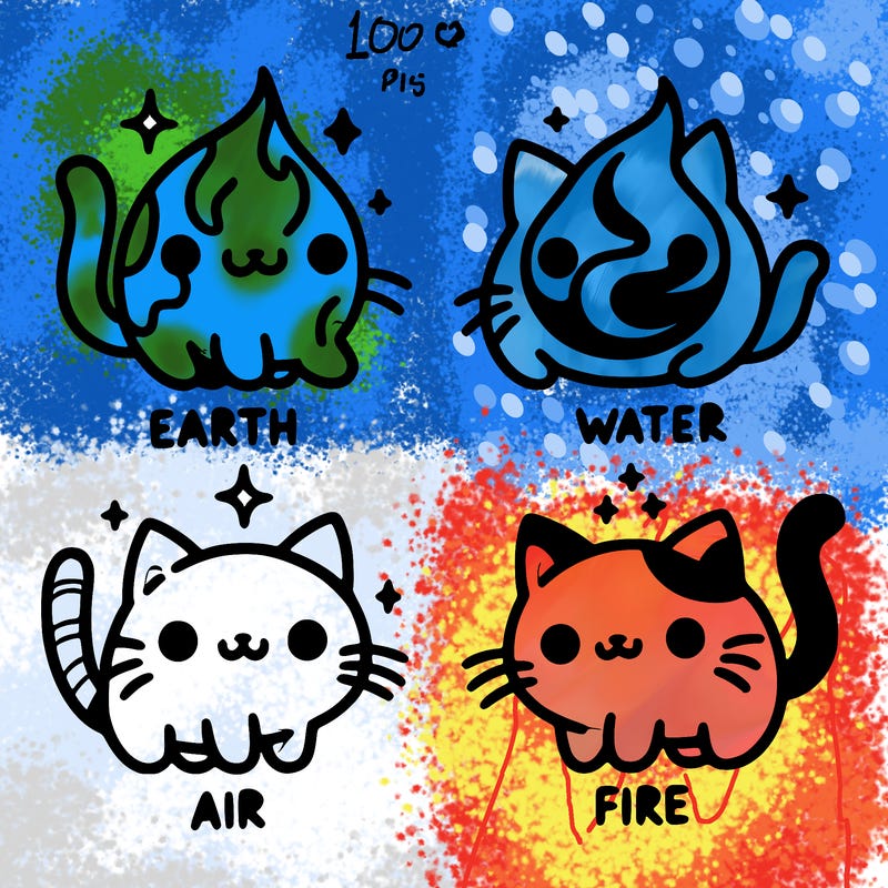 4 cats that represent the different elements, earth, water, air, and fire