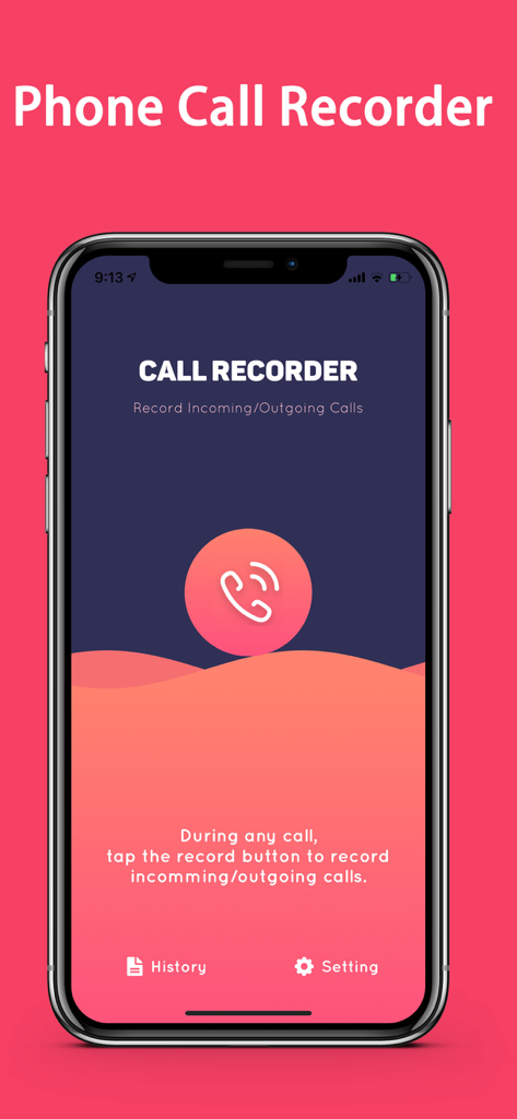 User interface of ACR Call Recorder for iPhone showing options to record incoming and outgoing calls.