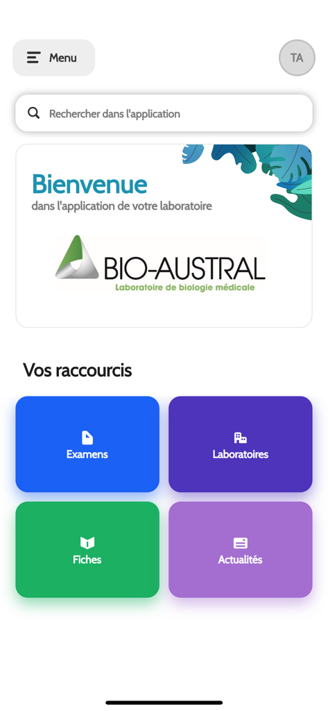Home dashboard of the Bio Austral medical application featuring laboratory search and shortcuts