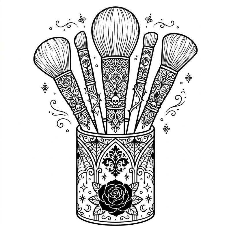 Dive into the dark elegance of this unique coloring page featuring a set of intricately designed gothic makeup brushes. Each brush handle and the decorative holder boasts ornate details, from skulls and roses to spiderwebs and Victorian patterns, waiting for your creative touch.