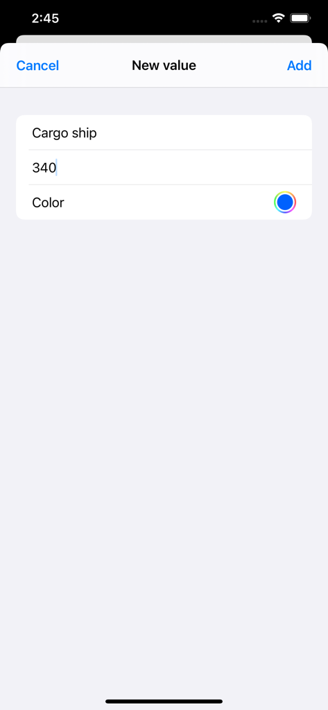 PieChart Maker - A screen for entering a label value and color for a new data point in the PieChart Maker app