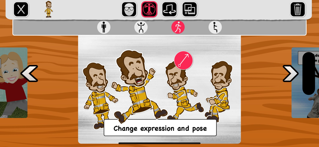 Un menú en Puppet Pals Book Builder que permite a los usuarios cambiar las expresiones y poses de los personajes
