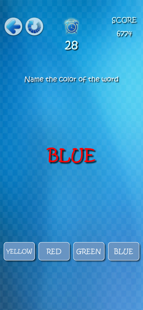 Una pantalla de juego de Brain Trainer que muestra una prueba del efecto Stroop donde la palabra AZUL está escrita en tinta roja con botones de selección de color en la parte inferior.