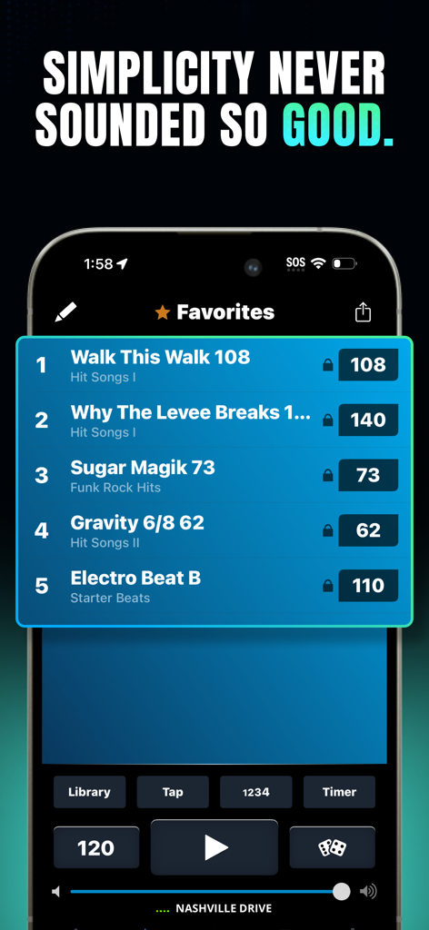 Captura de pantalla de la lista de favoritos en Drum Beats Plus mostrando varios bucles de batería y sus pulsaciones por minuto