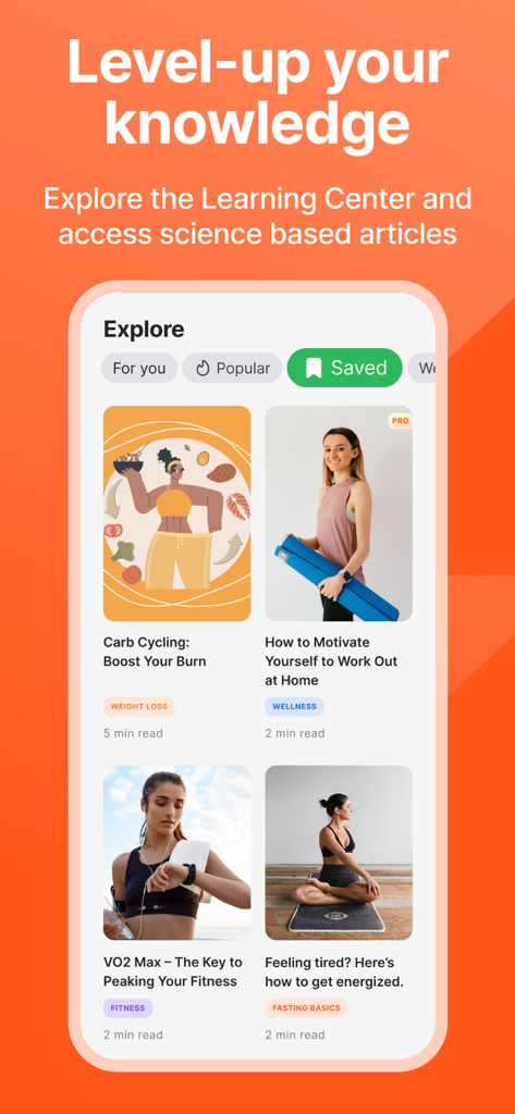 Pantalla de la aplicación Fitself que muestra una lista seleccionada de artículos basados en ciencia sobre fitness, ayuno y bienestar.