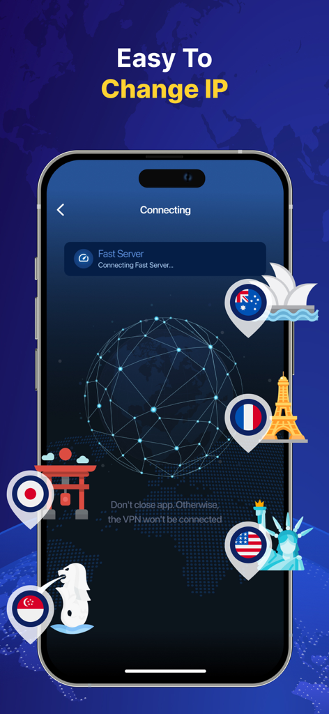 VPN Lite: Super VPN Proxy - Interface do aplicativo VPN Lite mostrando locais de servidores globais como EUA, França e Japão para fácil alteração de endereço IP