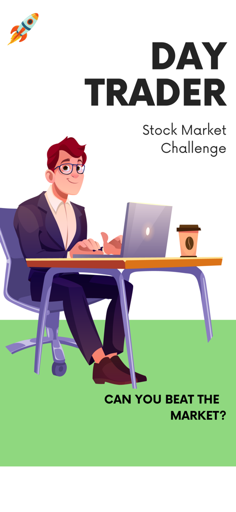 Ilustración de un hombre con traje operando en un portátil con el texto Day Trader Stock Market Challenge
