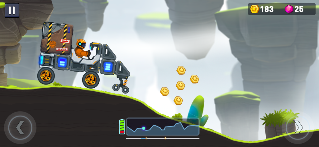 Un rover spaziale personalizzato naviga su un pianeta alieno collinare raccogliendo monete in Rovercraft 2.