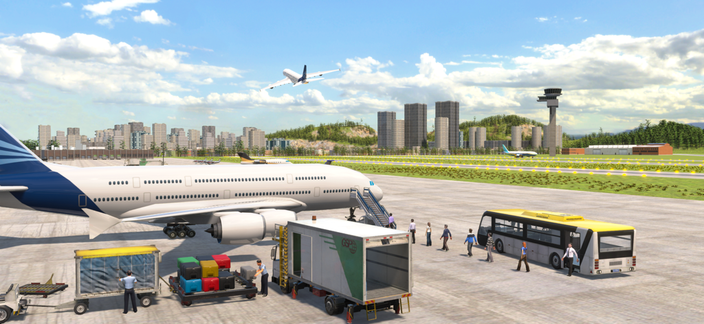 Avión comercial en la puerta de un aeropuerto con personal de tierra y autobús de enlace en Airplane Real Flight Simulator.