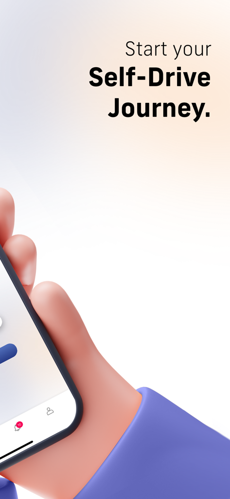 Yoma Car Share - Una mano che tiene uno smartphone mostrando la schermata introduttiva dell'app Yoma Car Share con il testo Inizia il Tuo Viaggio Self-Drive.