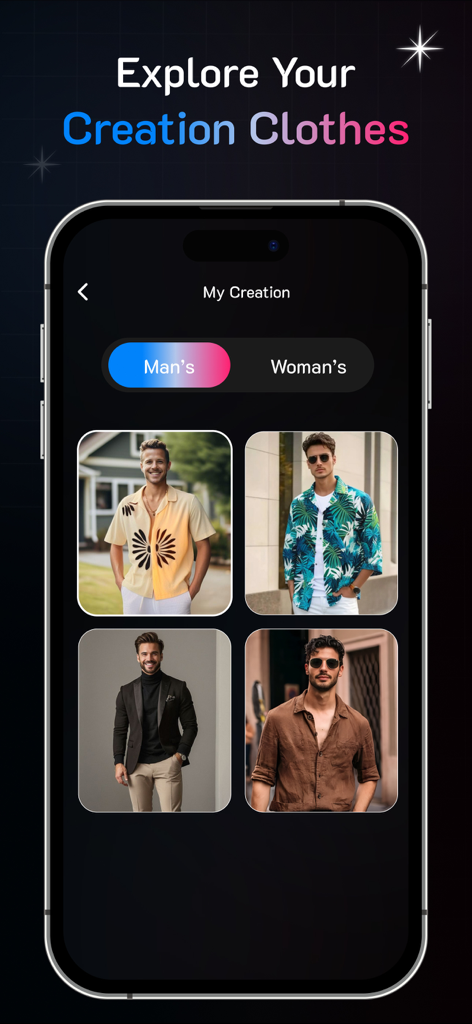Clothes Changer: Try On Outfit - Pantalla Mi Creación en la aplicación Clothes Changer que muestra una galería de varios atuendos masculinos generados por IA.