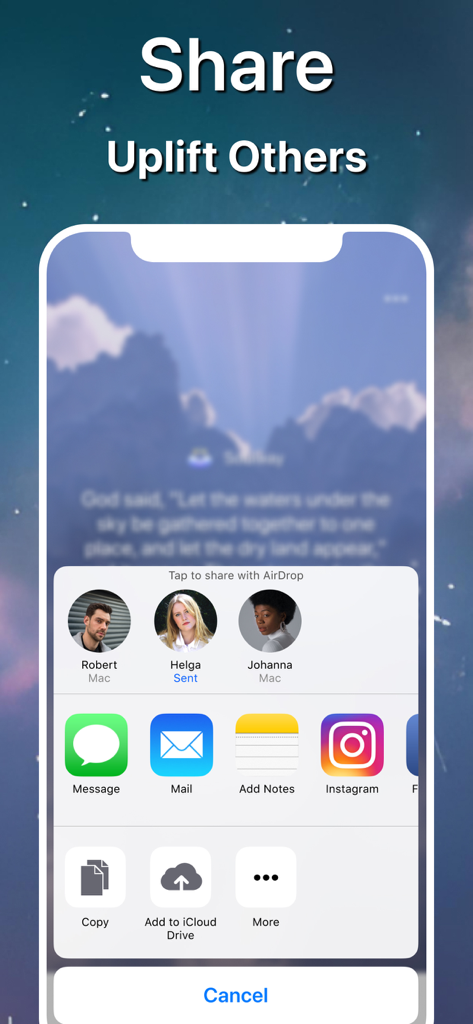 Soulway - Daily Bible Verse - Screenshot of the Soulway app share menu showing options to send daily Bible verses to friends and social media