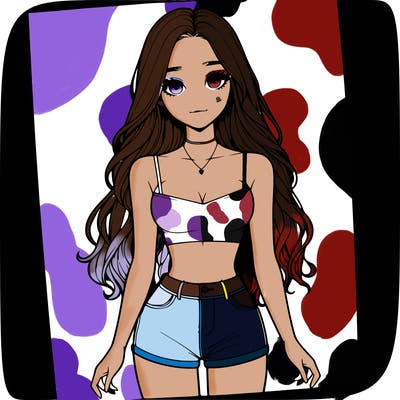 a realistic girl with long hair and in a crop top and shprts