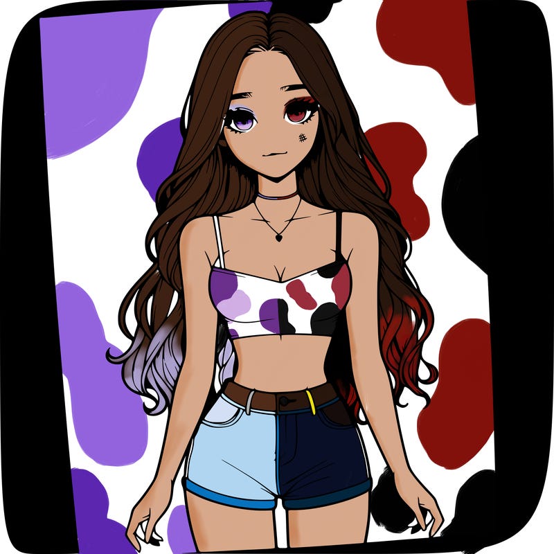 a realistic girl with long hair and in a crop top and shprts