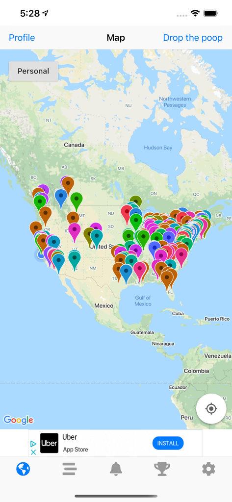 Poop Map - Pin and Track - Una interfaz de aplicación móvil que muestra un mapa de América del Norte cubierto con pines de ubicación de íconos de caca de colores