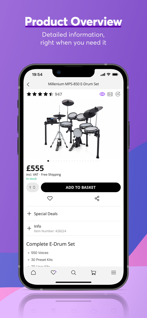 Thomann Official - Detailed product overview of an electronic drum set in the Thomann app
