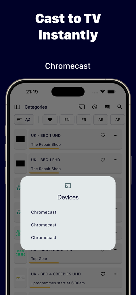 IPTV One Player - IPTV One Player app showing the cast to TV feature with a list of available Chromecast devices on an iPhone screen