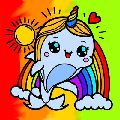 cute dolphin with a rainbow unicorn horn and rainbows behind it with the sun in the coner the dolphin is smileing it’s happy