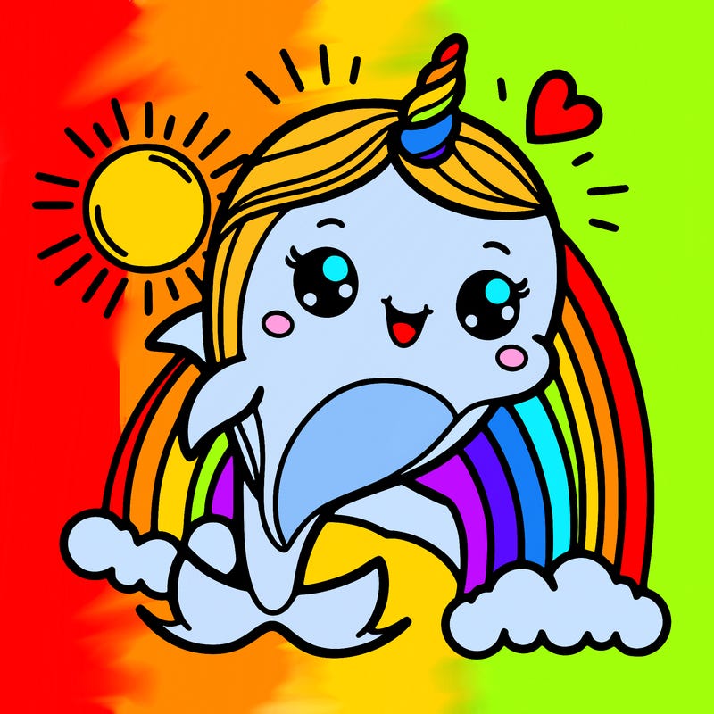 cute dolphin with a rainbow unicorn horn and rainbows behind it with the sun in the coner the dolphin is smileing it’s happy
