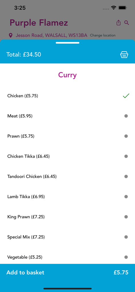 Purple Flamez mobile app interface showing a list of curry options with prices and a selection for chicken curry