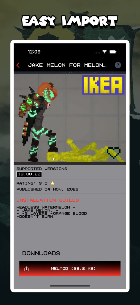 Mods Hub for Sandbox Games - Interface of the Mods Hub app showing a character mod for Melon Playground with a one tap download button