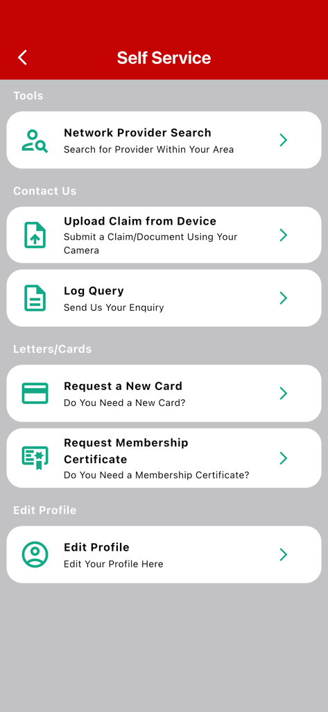 Generation Health - Generation Health app interface showing self-service options including network provider search, claim uploads, and membership card requests.