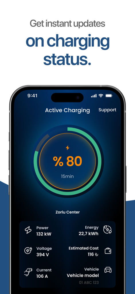 Zes-EV Station Network - Zes mobile app screen showing real-time electric vehicle charging status with 80 percent battery level and detailed power metrics