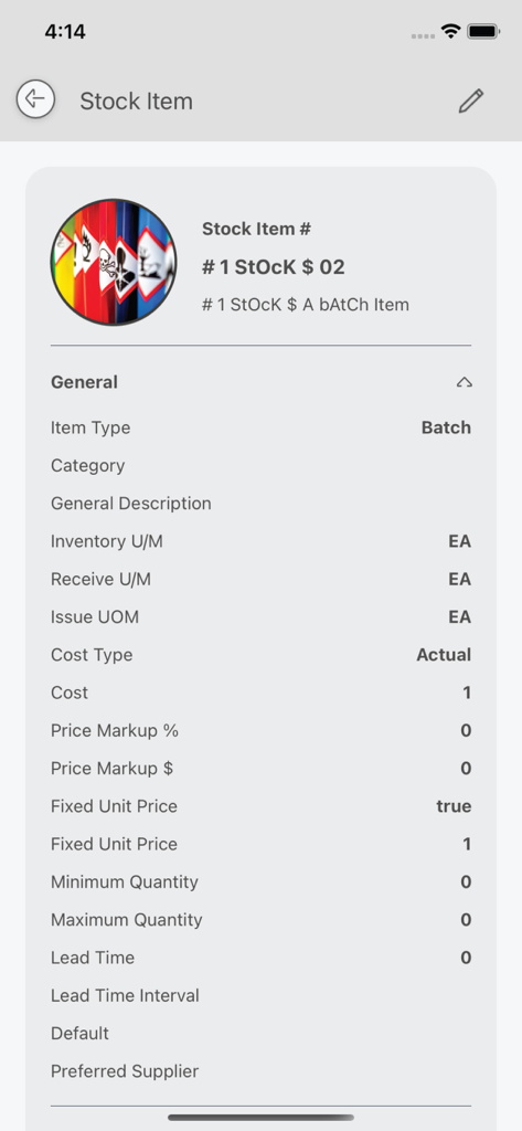 A screenshot of the BarCloud app displaying detailed information and specifications for a specific stock item