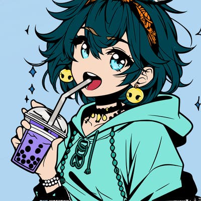 hot baddie anime girl drinking boba and biting the straw